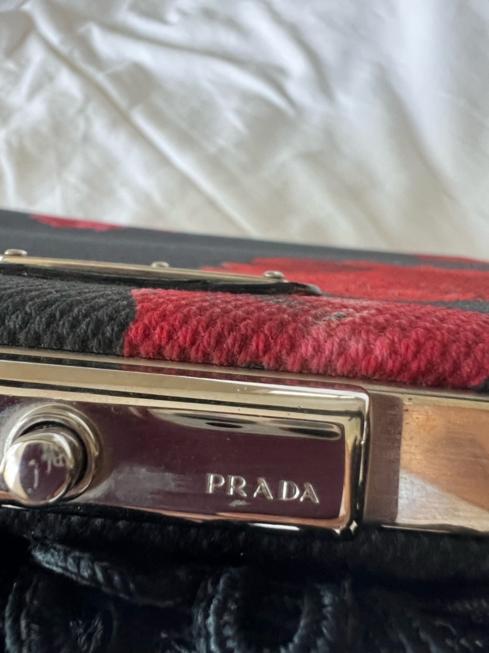 PRADA Black and Red Rose Floral Top Handle Bag Clochette Keys Silver Hardware - Picture 15 of 16